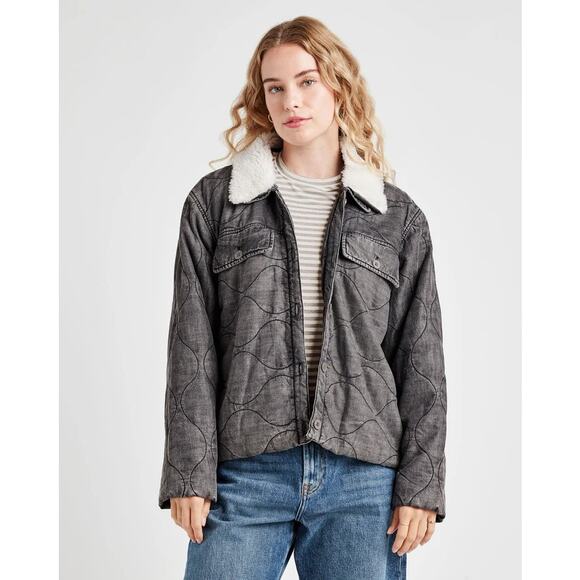 Splendid Women Charcoal Wash Kayden Sherpa Collar Quilted Boxy Jacket Size XL - Picture 1 of 5